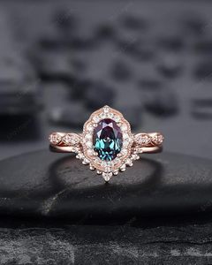 Oval Alexandrite Luxury Certified <b>Ring</b> <b>Set</b> 925 Sterling Silver 14K Rose <b>Gold</b> Prong Setting Engagement Wedding <b>Ring</b> Color - Product Image 5