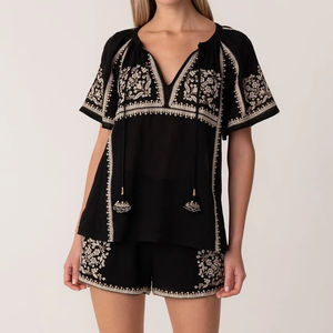 Conjunto bohemio bordado vintage, blusa campesina de manga corta, corbatas con borlas, decoración de botones, técnicas de lavado tejidas no tejidas - Product Image 1