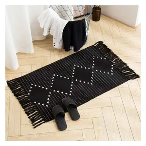 Pemasok India karpet persegi minimalis tikar masuk pintu tenun tangan hitam tikar masuk bordir rumah mandi dapur karpet karpet untuk kamar tidur