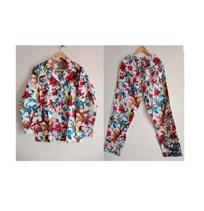 Ensemble de pyjama indien fait à la main en coton pour femmes robe de nuit imprimée oiseau floral vêtements de nuit bleus caractéristiques sexy d'été - Product Image 2