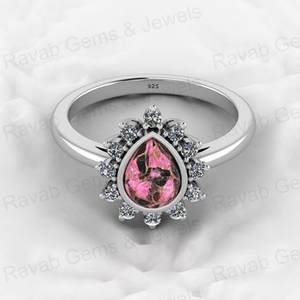 Christmas Sale 925 Genuine <b>Silver</b> Women's Engagement <b>Ring</b> 6X8mm Pear Pink Black Copper Turquoise Gemstone CZ Wedding Jewelry - Product Image 5