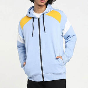 Custom High Quality <b>Men's</b> Light Blue Hooded Zip-Up <b>Sweatshirt</b> With Yellow <b>White</b> Color Blocking Raglan Sleeve Casual Winter Wear - Product Image 3