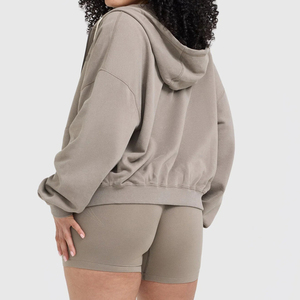 Sweat-shirt à capuche zippé surdimensionné décontracté pour femme, 100 % coton, lavé, uni, respirant, en tissu éponge français, pour le sport et la gym - Product Image 2