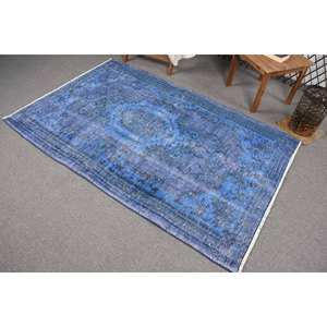 Alfombra de lana turca azul Vintage, 4 '1X6'3 pies, alfombra clásica de área grande para sala de estar, patrón de retazos, respaldo de látex para decoraciones - Product Image 4