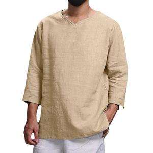 T-Shirt Casual da <span class=keywords><strong>Uomo</strong></span> SK con Scollo a V, Manica Lunga <span class=keywords><strong>in</strong></span> Cotone e <span class=keywords><strong>Lino</strong></span>, Tinta Unita, Antipiega, Stile Safari, Streetwear Autunnale, Nuova Collezione - Product Image 5