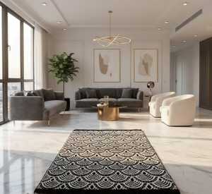 Handwoven <b>Black</b> & White Scallop <b>Rug</b> Modern Art Deco Geometric Fan Pattern Area Carpet - Product Image 3