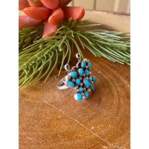 Navajo Kingman Turquoise & Sterling <b>Silver</b> <b>Statement</b> Butterfly Cluster <b>Ring</b> Bezel Setting Geometric Pattern Size 7 Everyday Wear - Product Image 3