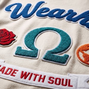 All Over Chenille Patch Varsity <b>Jacket</b> Cream Wool <b>Brown</b> <b>Leather</b> Sleeves Omega Symbol Made With Soul Letterman <b>Jacket</b> OEM - Product Image 4
