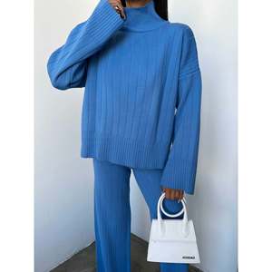 Ensemble pull et pantalon en tricot demi-pêcheur pour femme Mybeefashion, tenue décontractée deux pièces en mélange de laine chaude en bleu. - Product Image 3