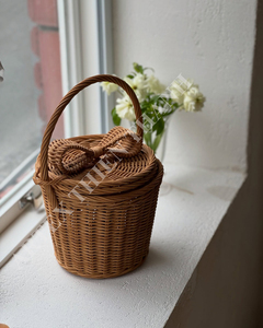 Artisanal Woven Natural Rattan Bow Lidded Picnic <b>Basket</b> Rustic Boho Wicker <b>Storage</b> <b>Basket</b> For Holding Fruits Food Or Small Items - Product Image 6