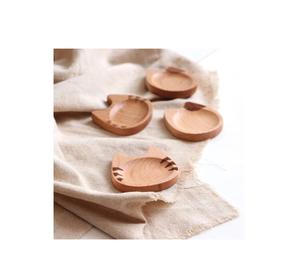 Assiette en bois naturel Visage de chat avec cuillère à salade Assiette design pour la décoration intérieure plateau de service forme ronde couleur foncée - Product Image 3