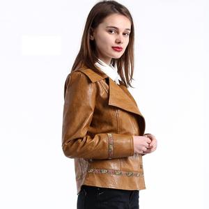 แจ็กเก็ตแฟชั่นคอตั้งขนาดใหญ่สำหรับผู้หญิง, เสื้อหนังแท้บางระบายอากาศสีพื้นสำหรับฤดูใบไม้ผลิฤดูใบไม้ร่วง - Product Image 3