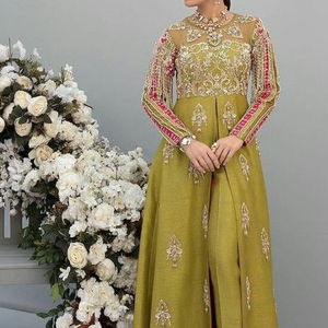 NEW----BEAUTIFUL LONG <b>JACKET</b> & PANT ON SILK FABRIC EMBELLISH CRYSTAL GLASS BEADS, DABKA WORK for Party-WEAR @ 2022 - Product Image 1