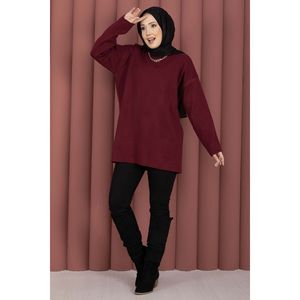 เสื้อทูนิคไหมพรมทรงหลวมสีแดงเบอร์กันดี คอวี แขนยาว สไตล์ลำลองสำหรับฤดูใบไม้ร่วง - Product Image 1