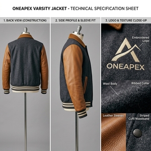 เสื้อแจ็คเก็ตเลตเตอร์แมนผ้าวูลสีชาร์โคลสำหรับผู้ชาย แขนหนังสีน้ำตาล โลโก้แบบกำหนดเอง ปลายแขนถักแบบริบ ติดกระดุมด้านหน้า เสื้อผ้าสตรีทแวร์สุดหรูสำหรับผู้ชาย - Product Image 5