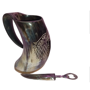 แก้วน้ำทำจากเขาควายแกะสลักลายไวกิ้ง พร้อมที่เปิดขวด ถุงปอกระเจา แก้วสั้นสำหรับเบียร์ ราคาถูก สไตล์โบราณ สัมผัสเหมือนของแท้ - Product Image 1