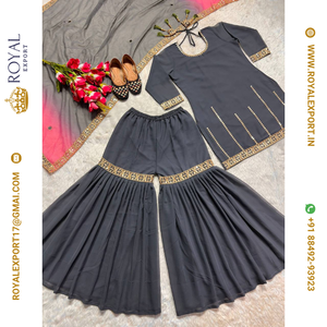 เสื้อ georgette หนังเทียมดูดีมีสไตล์ดีไซน์ใหม่สำหรับใส่ไปงานปาร์ตี้ Sharara Plazzo and Dupatta - Product Image 3