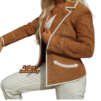 Veste en daim de vache pour femme, style western, couleur tan, broderie blanche, bordure contrastante, coupe ajustée, deux tons, courte, style country