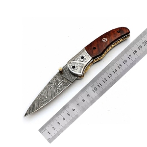 Cuchillo plegable de acero de Damasco hecho a mano personalizado con mango de cuerno de carnero con refuerzo de acero y Funda de cuero fino cuchillo de Camping - Product Image 5