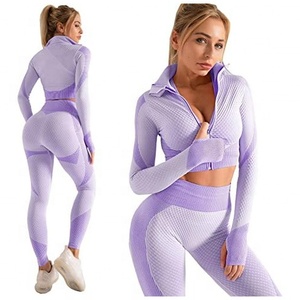 Ensemble de sport 3 pièces sans coutures pour femme : leggings de yoga, soutien-gorge de sport, veste zippée, tenue de sport, vêtements de sport - Product Image 4