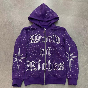 เสื้อฮู้ดผู้ชายแบบสวมใส่สบายสำหรับฤดูหนาว ประดับด้วยคริสตัล ซิปแบบเต็มตัว รับผลิตตามแบบ OEM/ODM ผ้าฝ้าย 100% ยูนิเซ็กซ์ กันยับ ซักแห้งเร็ว ขายส่ง - Product Image 2