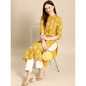 Kurta Anarkali de Algodón y Georgette con Estampado Floral Amarillo para Mujer, con Cuello Mandarín, Suave Sari y Vestido Salwar Indio - Product Image 6