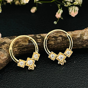 14K Solid <b>Gold</b> Genuine Natural Diamond Trio Stone Septum Clicker Fine Jewelry. - Product Image 2