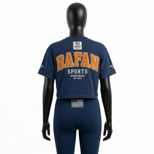 Premium 220 GSM Cotton Polyester Spandex <b>Crop</b> T Shirt And High Waist <b>Legging</b> Set <b>Navy</b> Screen Print Logo Women set - Product Image 2