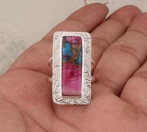 2025 Natural Rosa ostra turquesa fina eternidad boda anillo de compromiso 10x20mm rectángulo bisel ajuste Vermeil joyería fiestas - Product Image 4