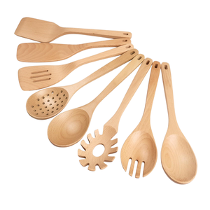 Spatule en bois en gros pour la cuisine, ensemble de 8 ustensiles de cuisine en bois de hêtre naturel pour la cuisine, le mélange et le service - Product Image 1