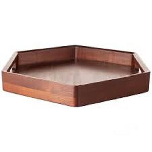 Forme hexagonale abordable Trendy Couleur naturelle Simple Fast Food Plateau de service en bois d'acacia sain avec poignées en métal noir - Product Image 1