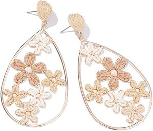 Boucles d'oreilles créoles fleur larme Boho paille osier mignon Floral à la mode déclaration bijoux pour les femmes fête - Product Image 1