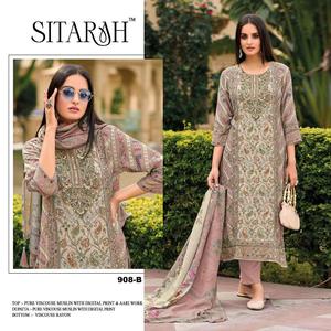 Pur Viscose mousseline fantaisie broderie travail numérique imprimé élégant festif ethnique femmes fête porter Salwar costume indien pakistanais - Product Image 3