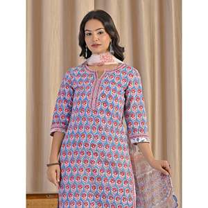 Light Blue Hand Drawn <b>Block</b> <b>Printed</b> Cotton Kurta Pant Set Indian Ethnic Suit for Girls for Daily Wear Parties Special Occasions - Product Image 1