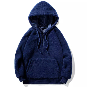 <b>Men's</b> 100% Cotton <b>Sherpa</b> <b>Hoodie</b> Winter Outerwear with Half Zipper Closure Solid Plain Dyed Warm Thick Streetwear Style - Product Image 1