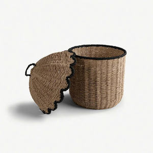 Elegant Lidded Paper Seagrass <b>Storage</b> <b>Basket</b> <b>with</b> <b>Black</b> Scalloped Trim, Handwoven Organizer <b>with</b> Decorative Contrast Lid - Product Image 2