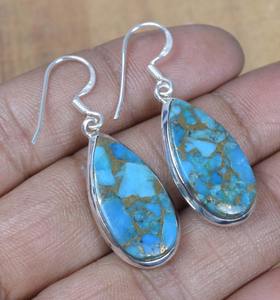 Azul cobre turquesa 925 plata esterlina sólida piedra preciosa turquesa pera 1 par gancho pendiente diciembre piedra natal regalo para ella - Product Image 5