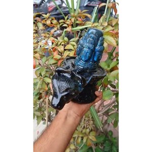 Magnificent Flashy Labradorite Five-Faced Panchamukhi <b>Shivling</b> with Nandi Cow - Product Image 2