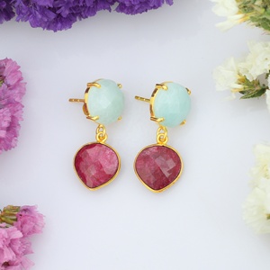 Hot 925 Sterling Silver Simple Cute Short Stud Women Girls Natural Amazonite Dyed <b>Ruby</b> Gold Plating Main Stone Pearl <b>Weddings</b> - Product Image 3