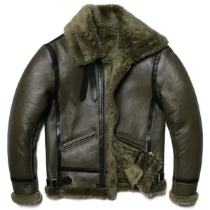 Men's Vintage Green Shearling Tailored Custom Size Leather Bomber <b>Jacket</b> Fake Fur Lining <b>Warm</b> Winter Thin <b>Waterproof</b> - Product Image 6