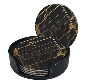 PU Leather <b>Drinks</b> <b>Coasters</b> for Any Tabletop Waterproof and Heatproof Protection Suitable for Kinds of Cups (Marble-Black) - Product Image 1