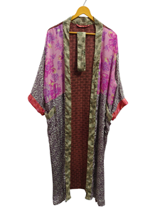 Patchwork Kimono Robe Bikini Cover Up Night Wear Long Robe, Kimono Sari en soie recyclée vintage indien fait à la main, - Product Image 3