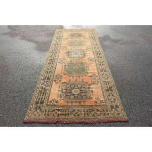 Tapis Vintage en Laine Turque 4x11ft Classique Orange Vert Patchwork Design pour Décorations de Salon Technique de Tissage Plat Latex - Product Image 1