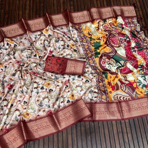 Sari de Seda de Lichi Pura con Estampado Digital Kalamkari Pichwai, Borde de Jacquard Enriquecido, Borlas en el Pallu, Calidad Premium - Product Image 4