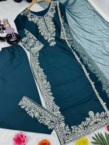 Costume Salwar bleu sarcelle de Style Bollywood de haute qualité pour femmes fait à la main en tissu de soie avec travail de séquence chinoise pour les fêtes - Product Image 5