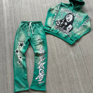 2025 estilo de tendencia personalizado Rhinestone Dtg estampado Logo francés Terry de gran tamaño algodón pesado lavado ácido Sun Faded chándal conjunto - Product Image 5