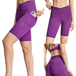 Shorts de sport et de yoga pour femmes, taille haute, longueur cuisse, avec poches latérales fines, en coton/spandex, personnalisables, grande taille, vente chaude - Product Image 1