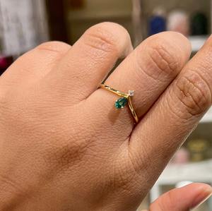 Émeraude zambienne et Zircon 925 argent Sterling 14K plaqué or bague poire coupe mai bijoux de pierre de naissance - Product Image 5