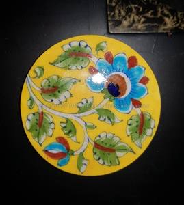 Yellow and <b>Blue</b> Hand-Painted <b>Blue</b> Pottery <b>Coasters</b> Handmade <b>Blue</b> & Yellow Ceramic Round Floral <b>Coaster</b> Set - Product Image 1