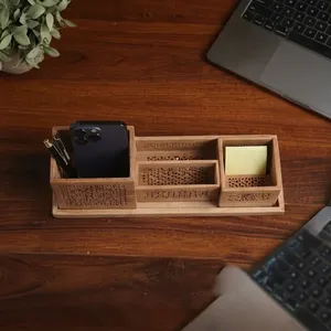 Mango Wood Desk Organizer Carved Pattern <b>Storage</b> Tray for Office Neatening Rectangle <b>Tabletop</b> Mount Minimalist Handmade - Product Image 4